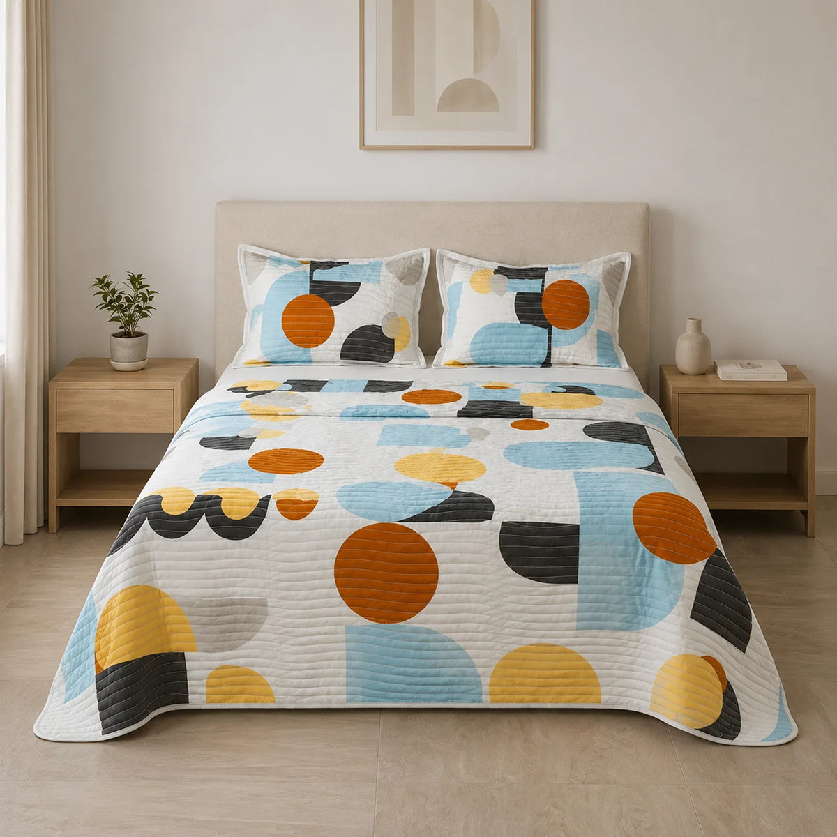 Cubrelecho para cama doble Geo Balance azul doble faz en microfibra 140x190 cm