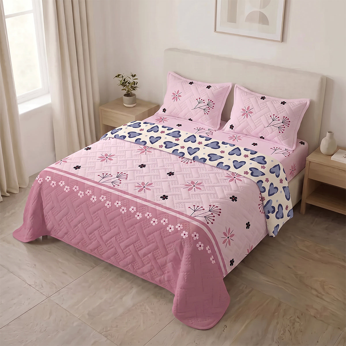 Cubrelecho sencillo rosado Pradera Rosé termosellado en microfibra 100x190 cm