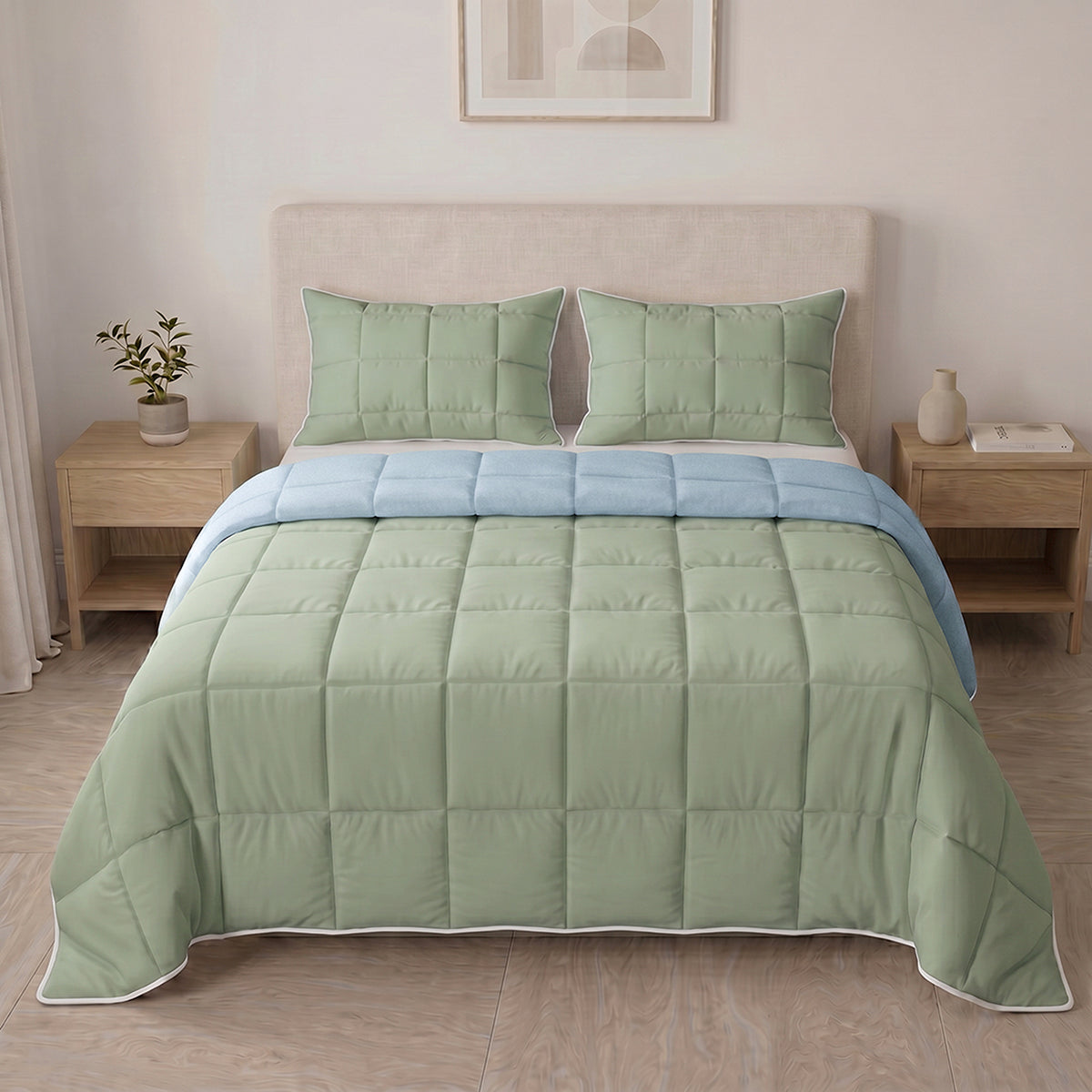 Cubrelecho king azul claro y verde doble faz en microfibra 200x200 cm
