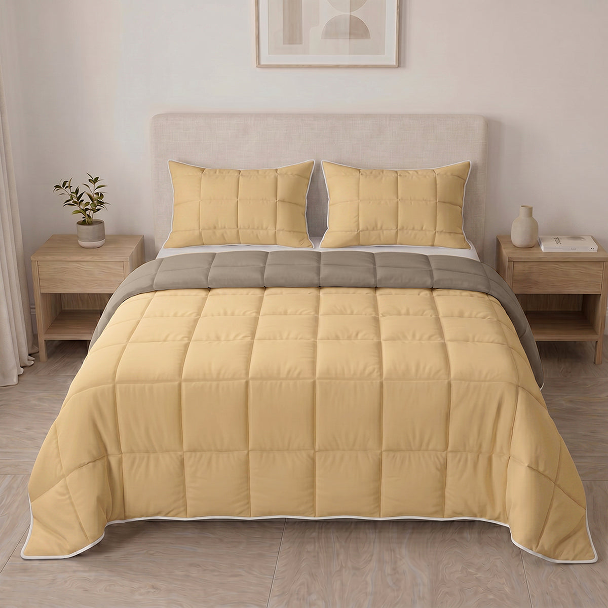 Cubrelecho para cama doble amarillo y café doble faz en microfibra 140x190 cm