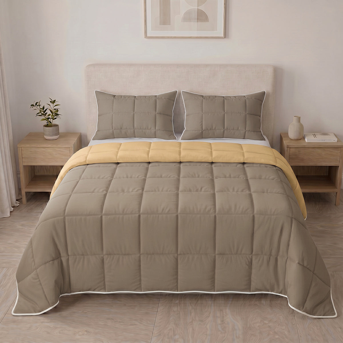 Cubrelecho para cama doble amarillo y café doble faz en microfibra 140x190 cm