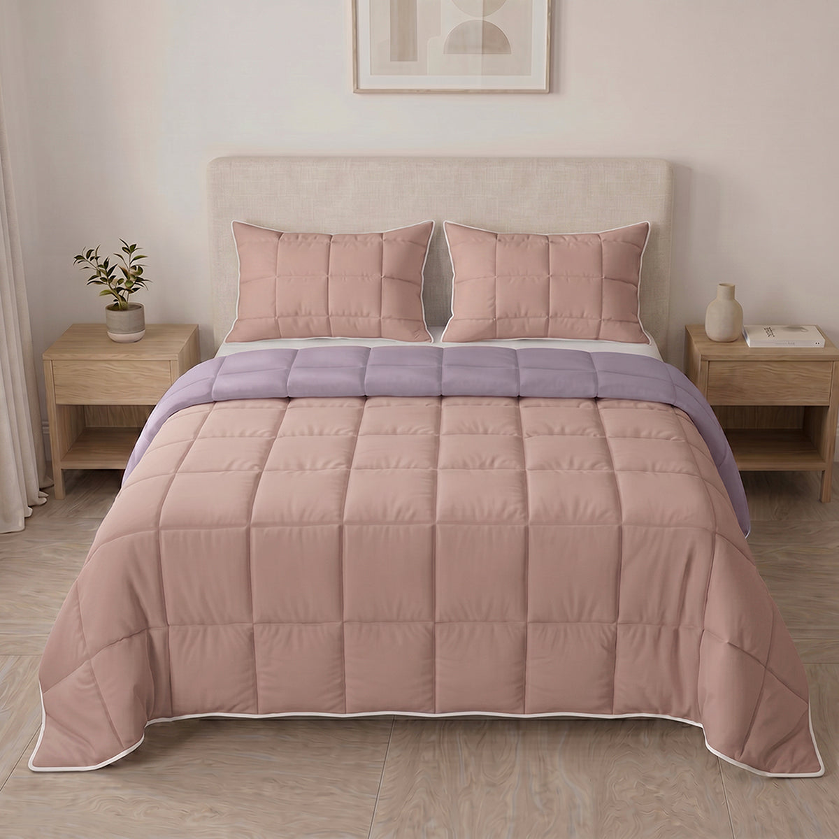 Cubrelecho king lila y palo de rosa doble faz en microfibra 200x200 cm