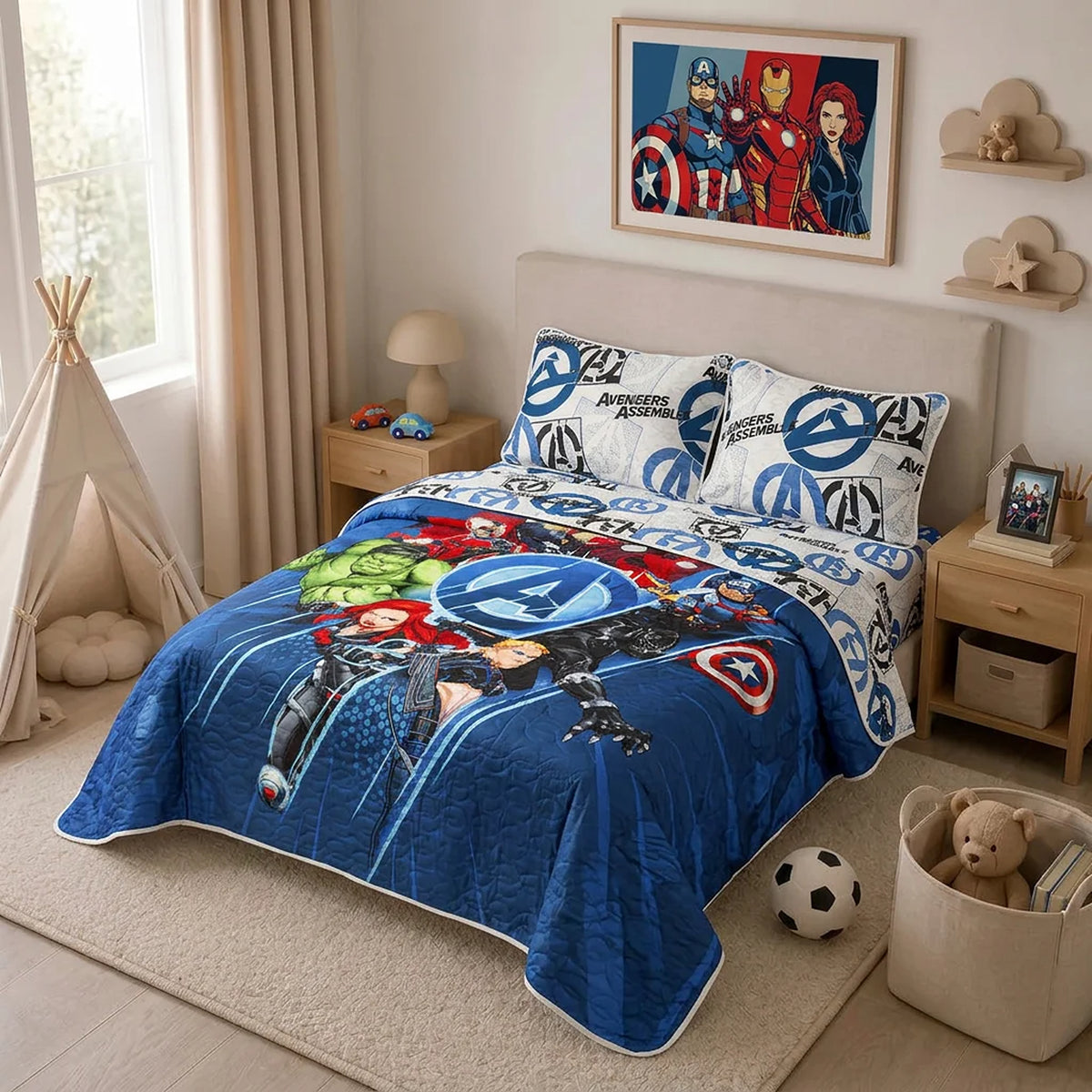 Cubrelecho infantil semidoble azul Disney Core Avengers doble faz en microfibra 120x190 cm