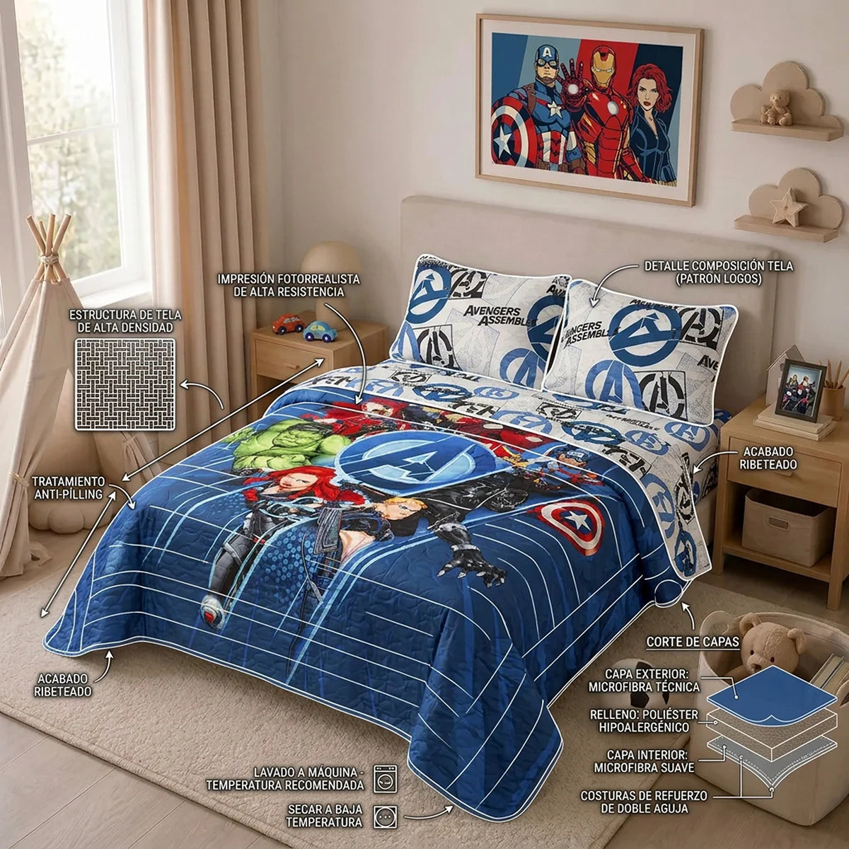 Cubrelecho infantil semidoble azul Disney Core Avengers doble faz en microfibra 120x190 cm