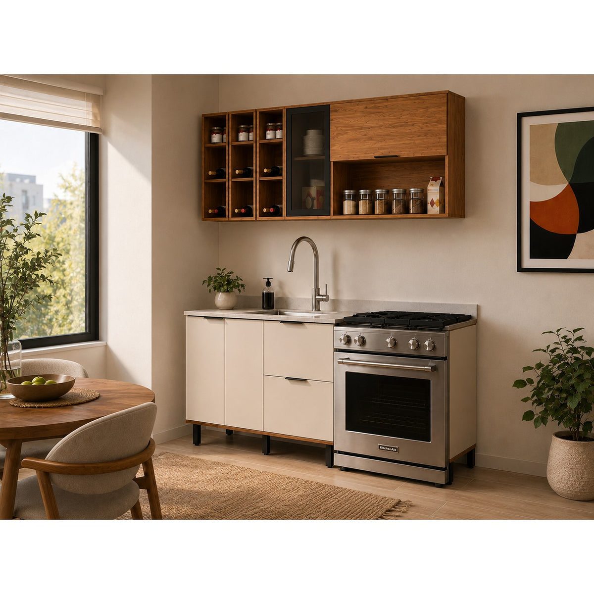 Cocina Ibiza Natural y Blanco Apagado 160x163.5cm con Cuatro Puertas sin Mesón y Sin Estufa