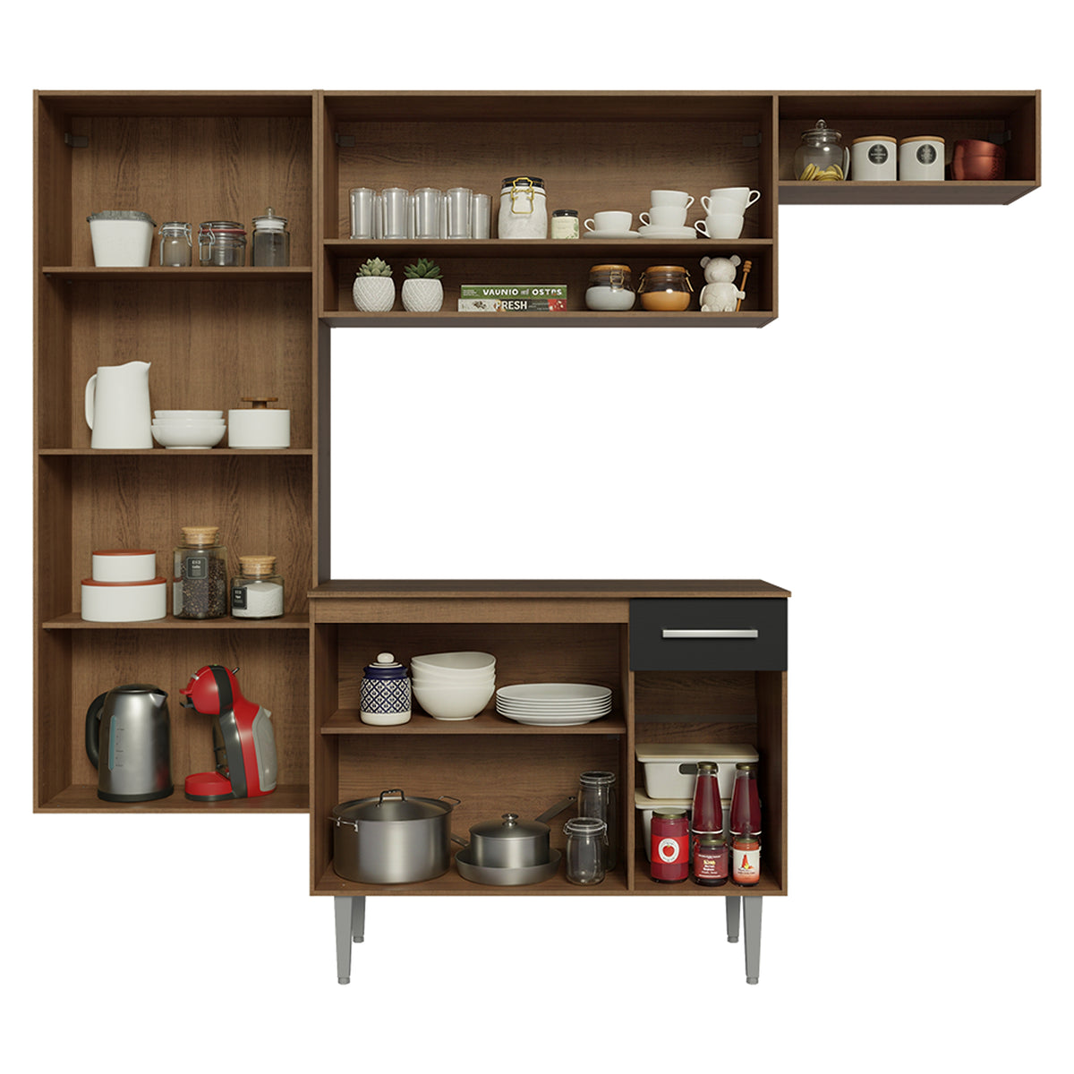 Cocina integral Deli marrón y negro en MDP 220x201 cm con mesón de madera aglomerada sin pozuelo y sin estufa