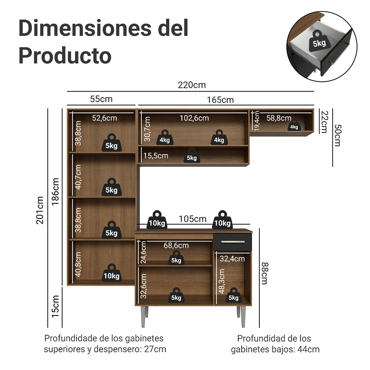 Cocina integral Deli marrón y negro en MDP 220x201 cm con mesón de madera aglomerada sin pozuelo y sin estufa