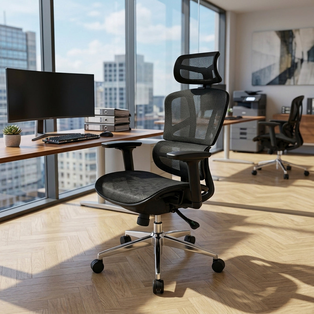 Silla de oficina ergonómica negra en malla con cabecero y brazos 3D 65x120cm