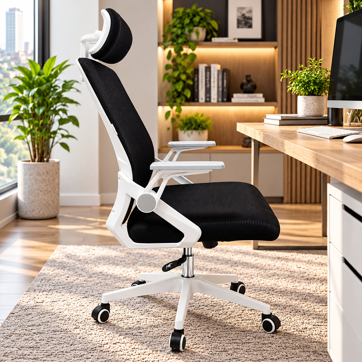 Silla de oficina ergonómica negra y blanca en malla con cabecero y ruedas 59x92cm