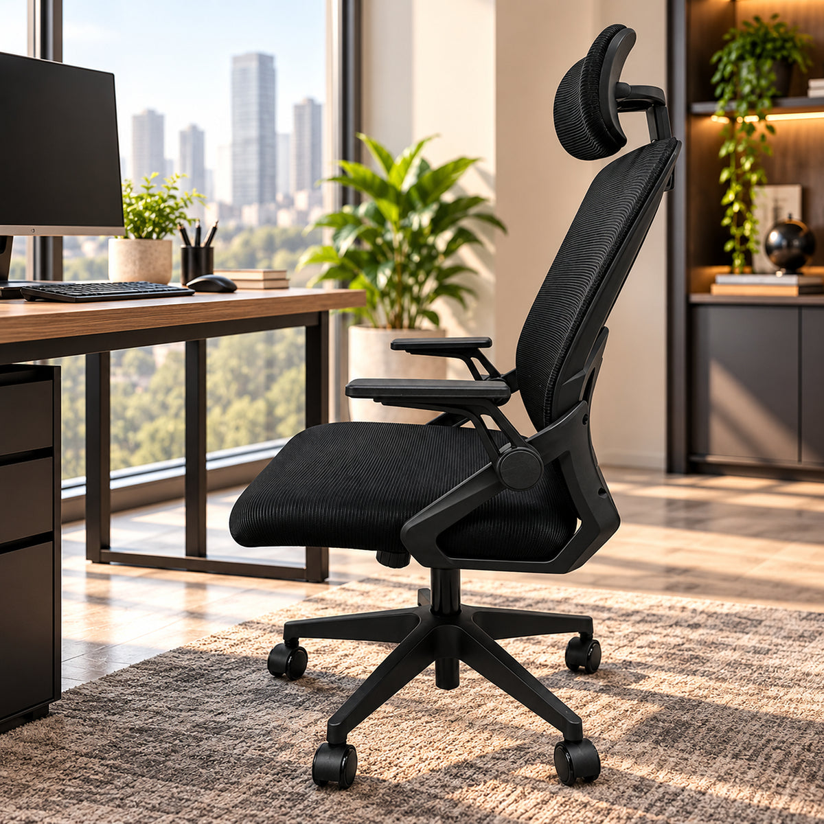 Silla de oficina ergonómica negra en malla con cabecero ajustable 59x92 cm