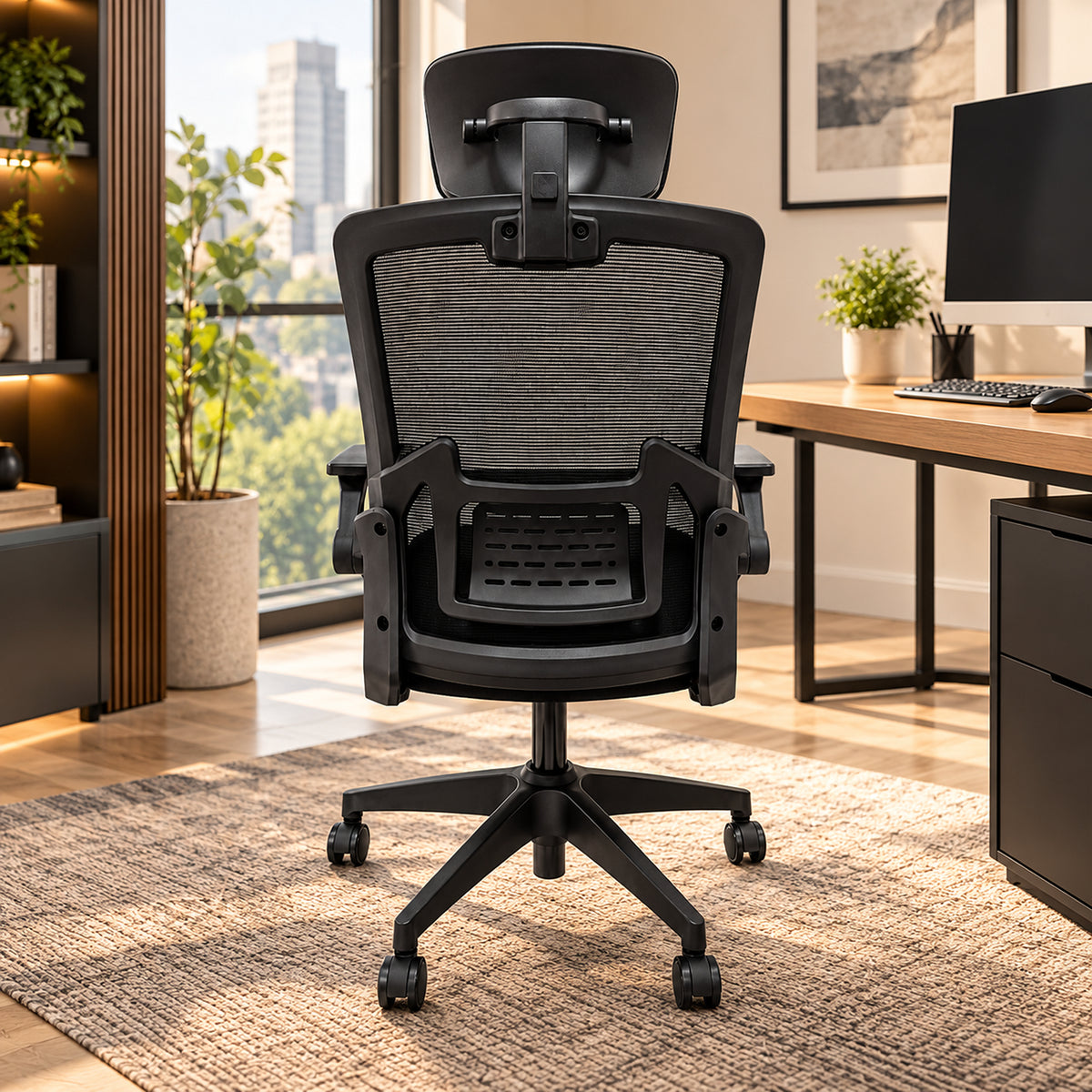 Silla de oficina ergonómica negra en malla con cabecero ajustable 59x92 cm