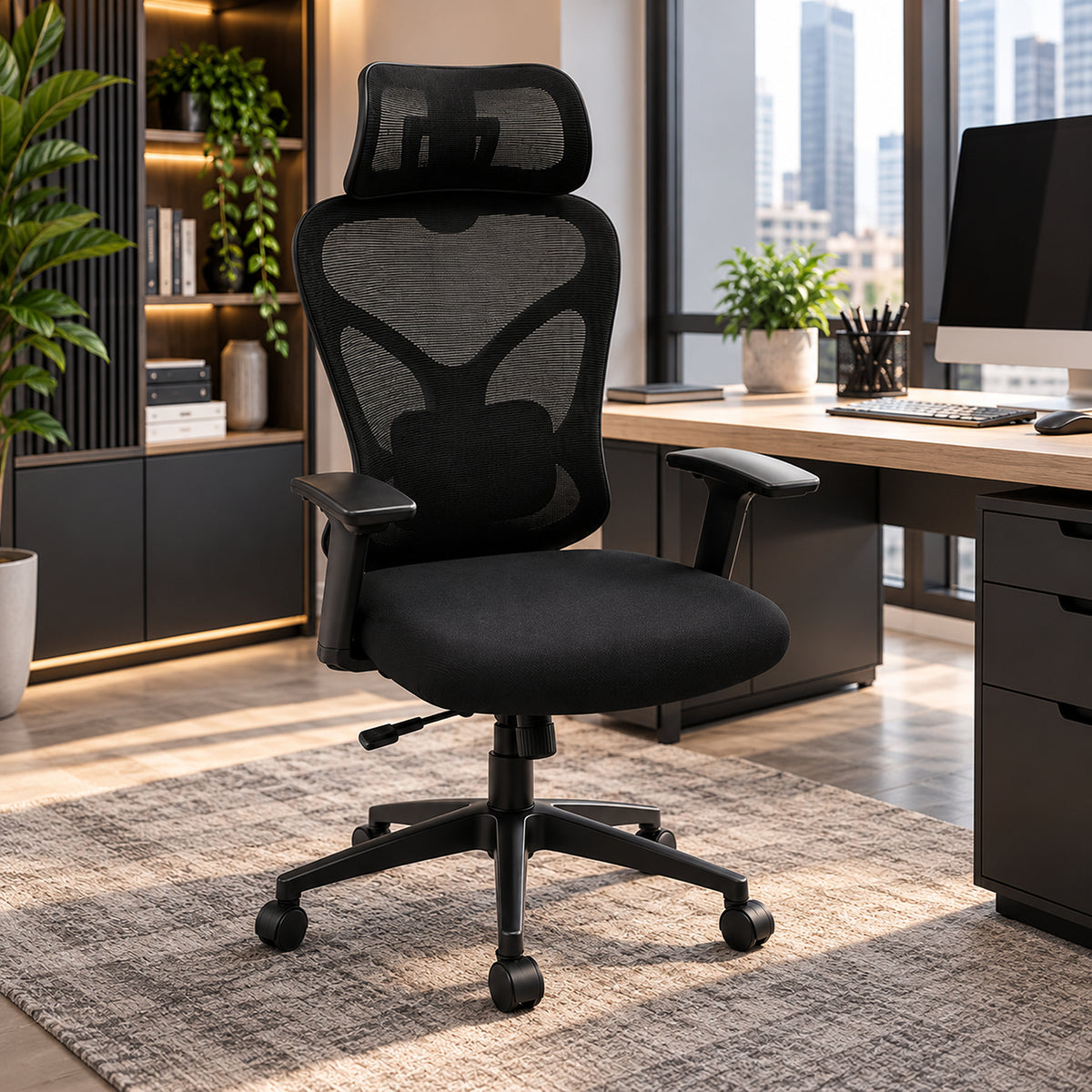 Silla de oficina ergonómica negra en malla con cabecero ajustable 65x120 cm