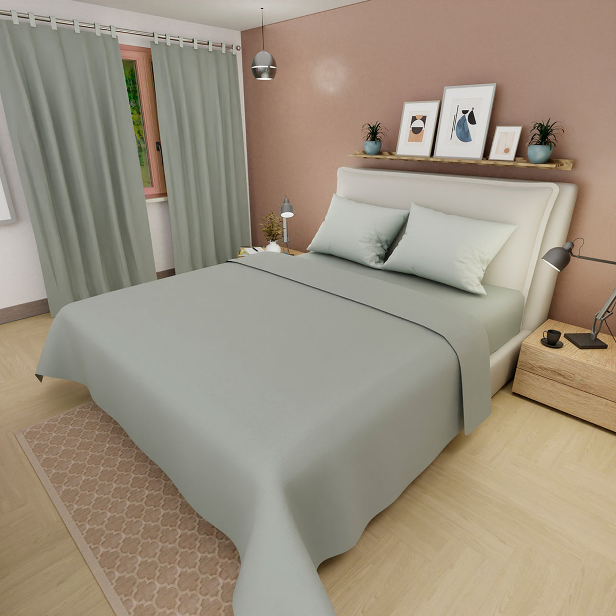 Juego de sábanas Confortable para cama doble verde grisáceo con cortina en microfibra 140x190 cm
