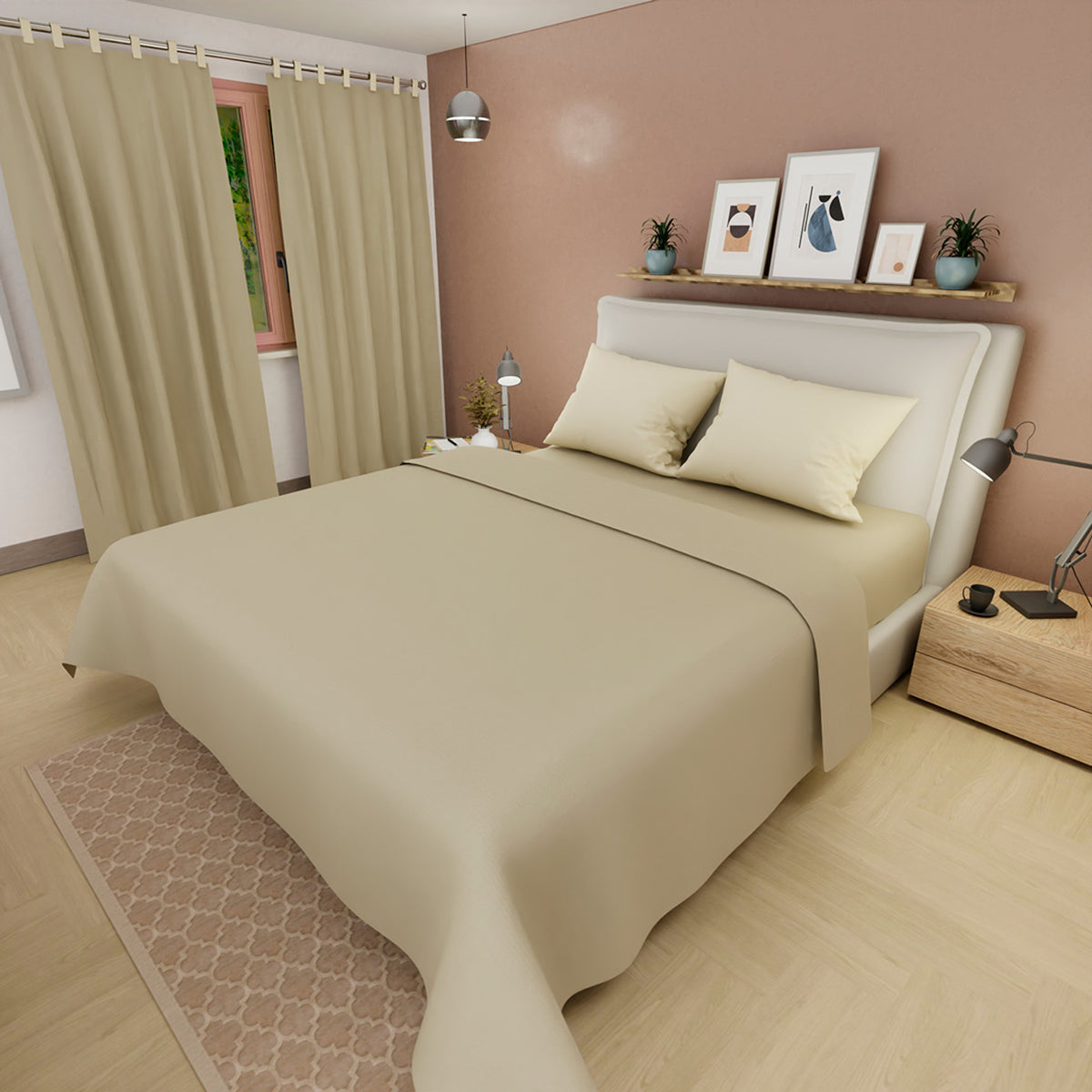 Juego de sábanas Confortable para cama doble beige y cortina en microfibra 140x190 cm
