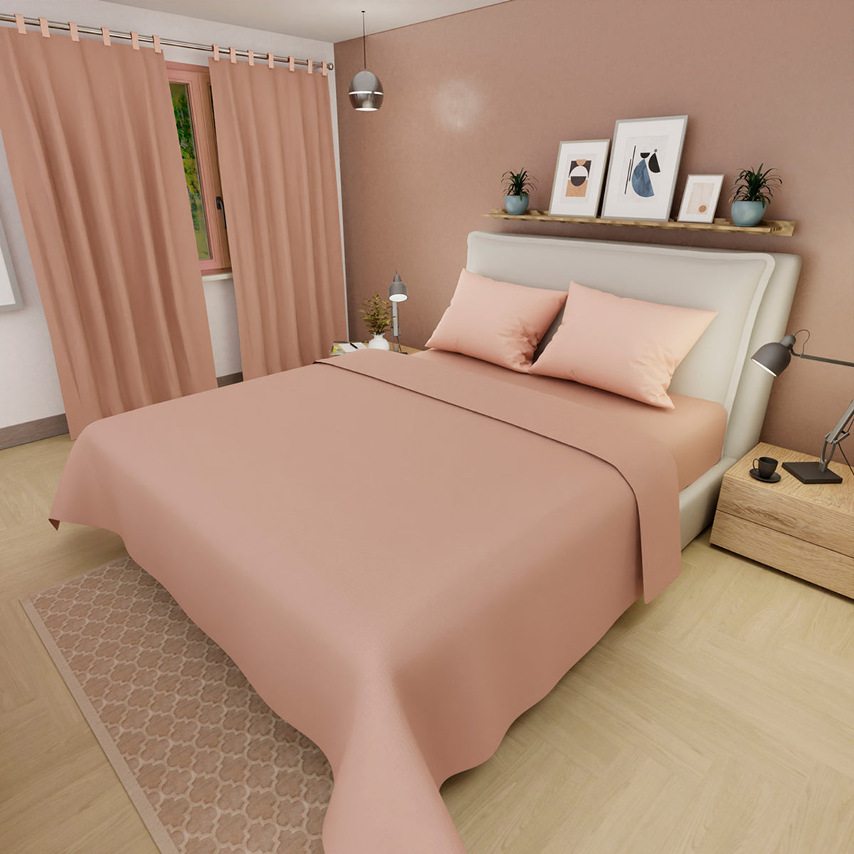 Juego de sábanas Confortable para cama doble durazno con cortina en microfibra 140x190 cm