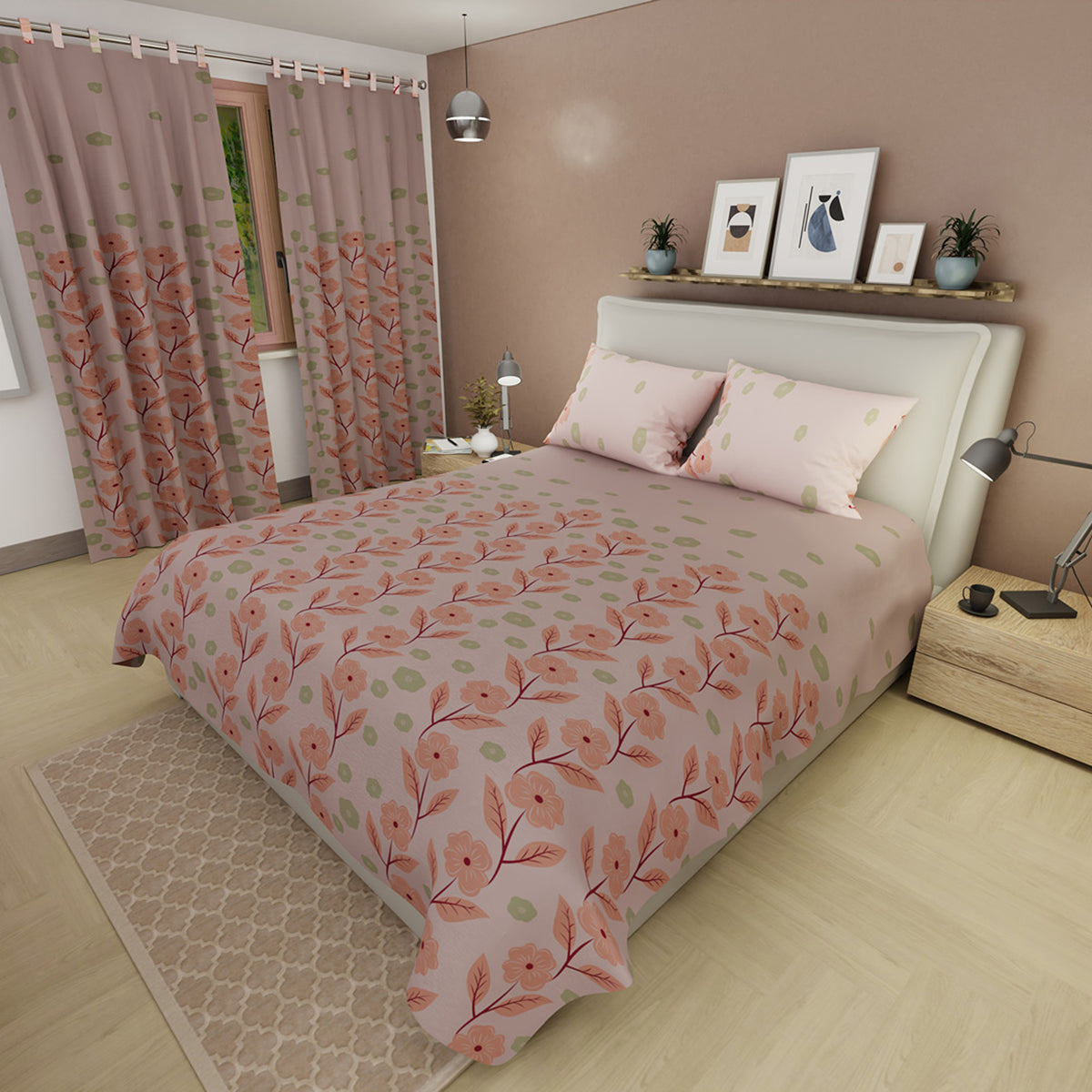 Juego de sábanas Dulce Primavera queen salmón y verde con cortina en microfibra 160x190 cm