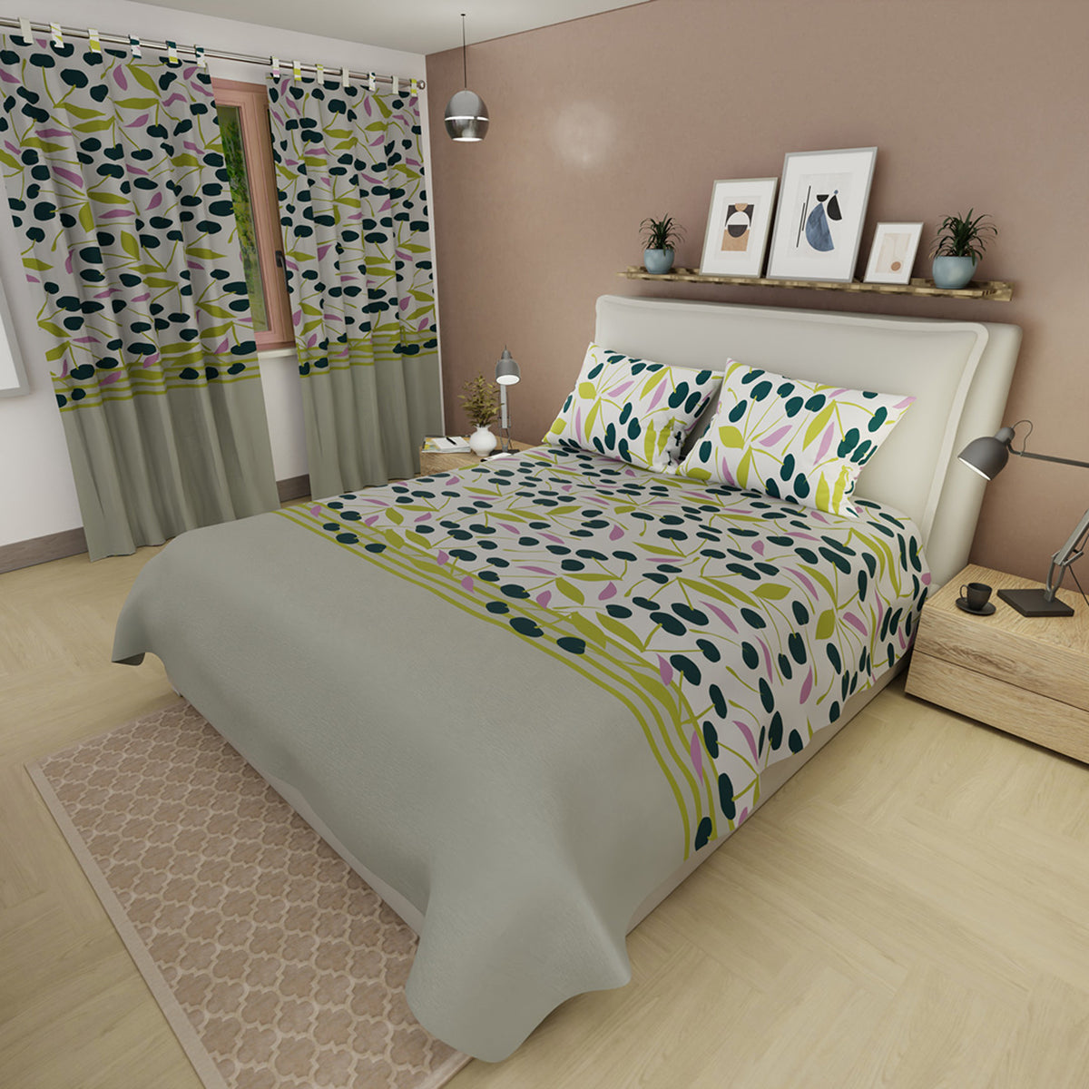 Juego de sábanas Viento para cama doble gris con cortina en microfibra 140x190 cm