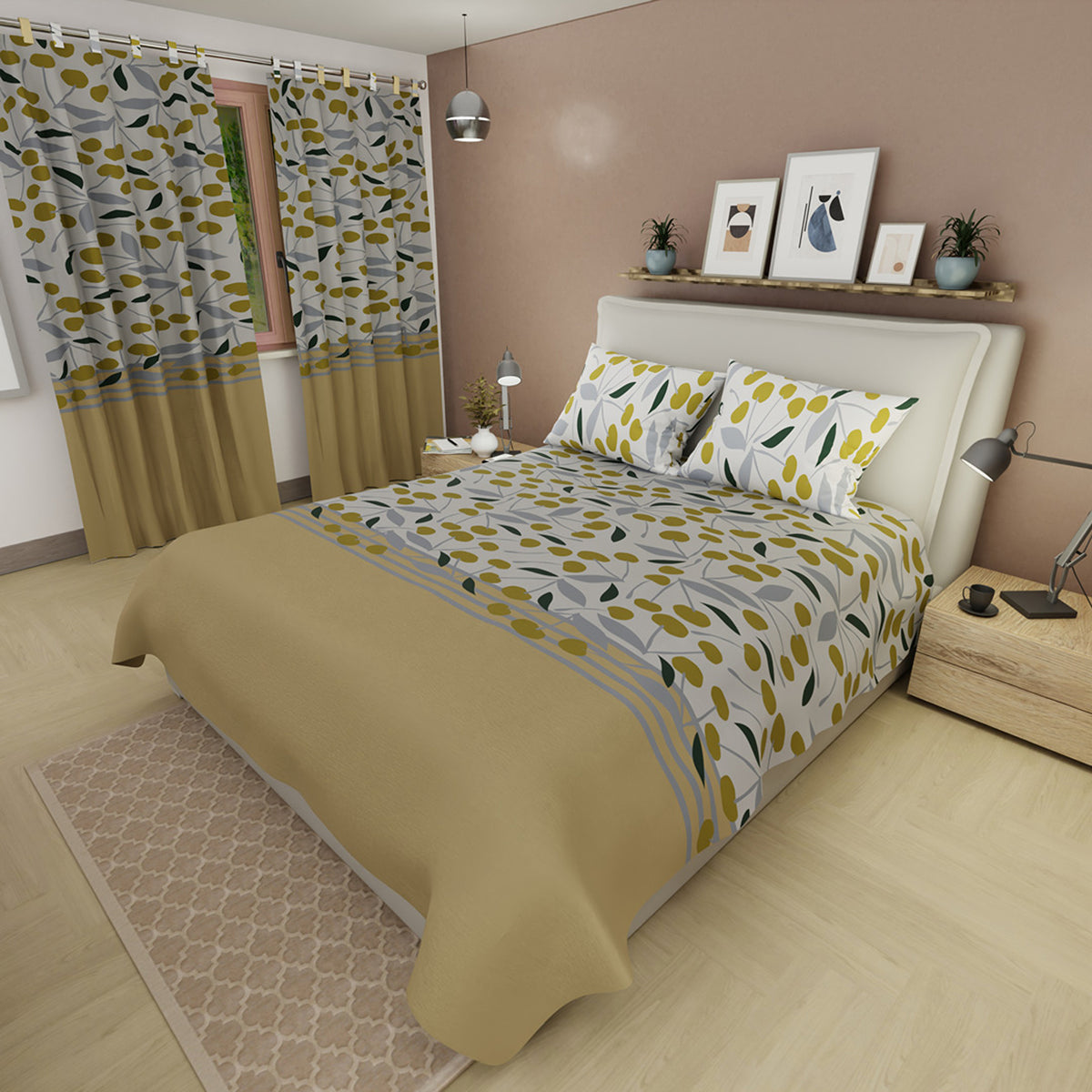 Juego de sábanas Otoño para cama doble con cortina dorado en microfibra 140x190 cm