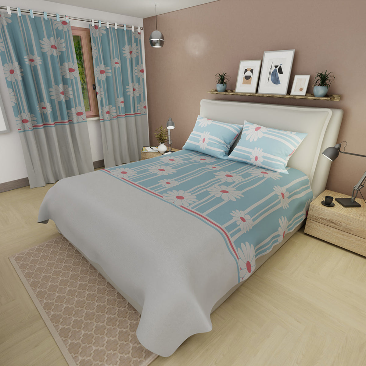 Juego de sábanas Día de Primavera para cama doble azul y gris con cortina en microfibra 140x190 cm