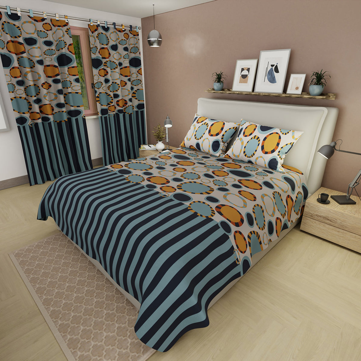 Juego de sábanas Dynamic Stripes queen azul con cortina en microfibra 160x190 cm
