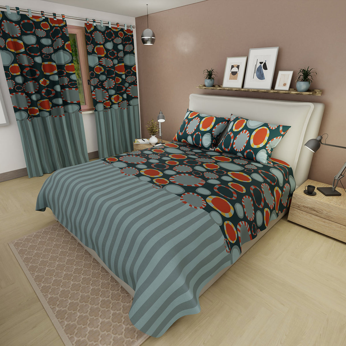 Juego de sábanas Dynamic Stripes queen azul oscuro con cortina en microfibra 160x190 cm