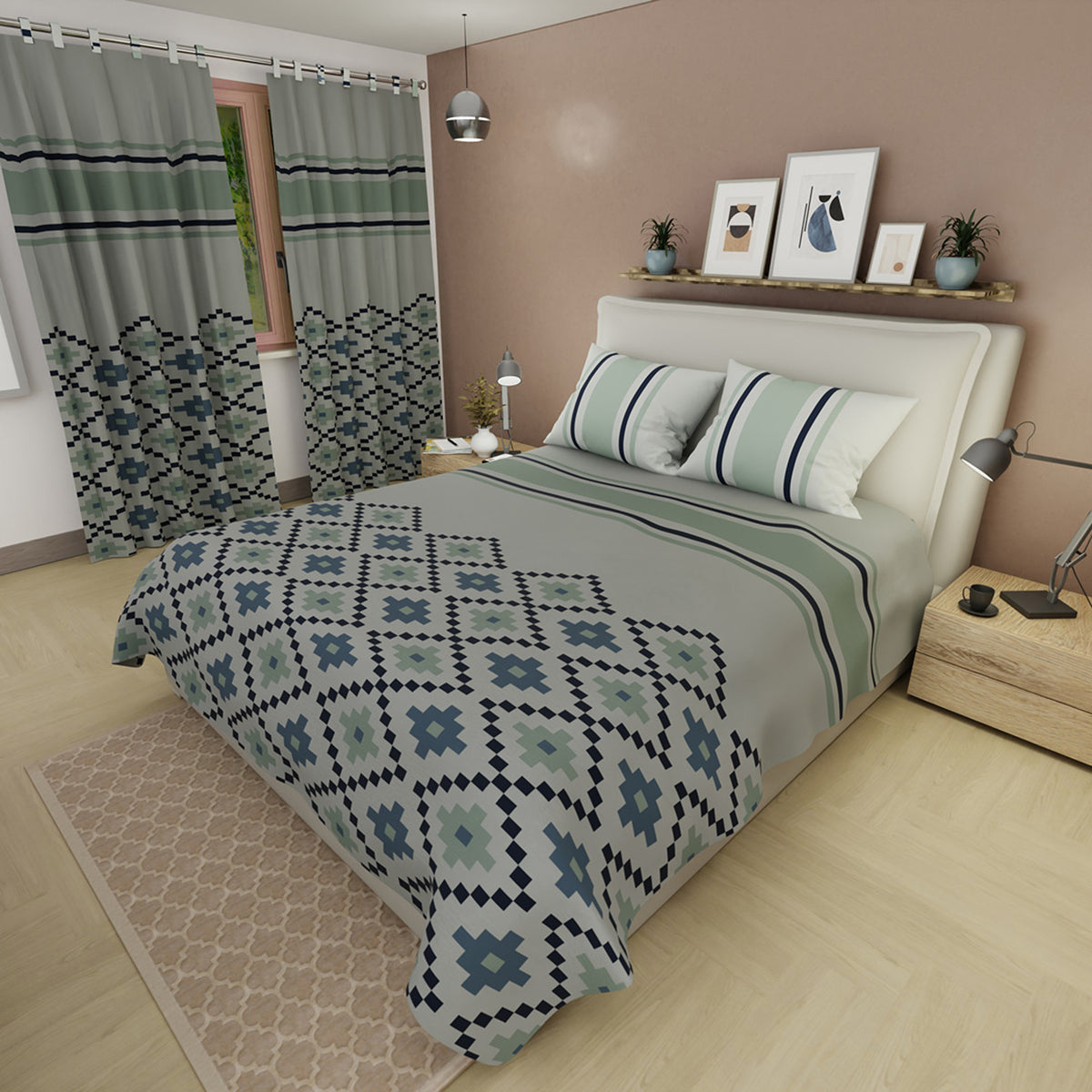 Juego de sábanas ueen gris Ruta Andina con cortina en microfibra 160x190 cm