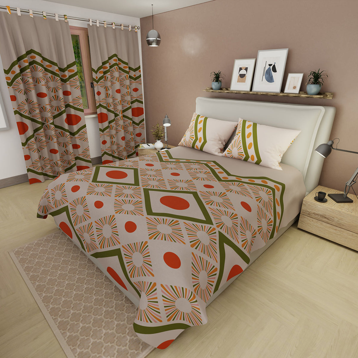 Juego de sábanas Boho para cama doble verde grisáceo con cortina en microfibra 140x190 cm