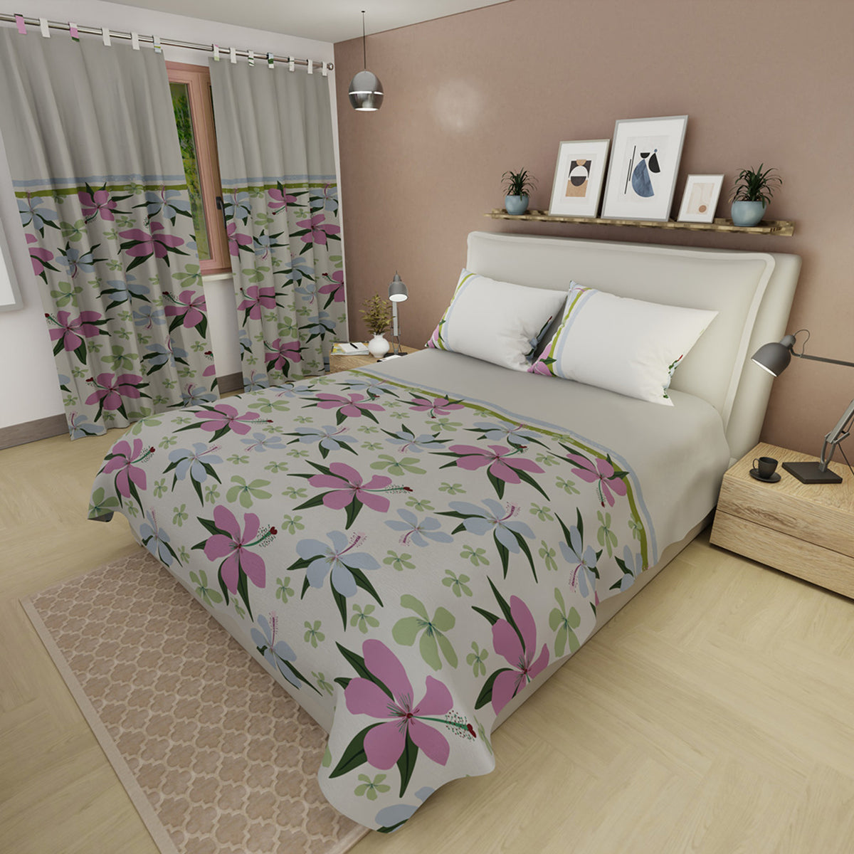 Juego de sábanas Follaje para cama doble verde grisáceo en microfibra 140x190 cm