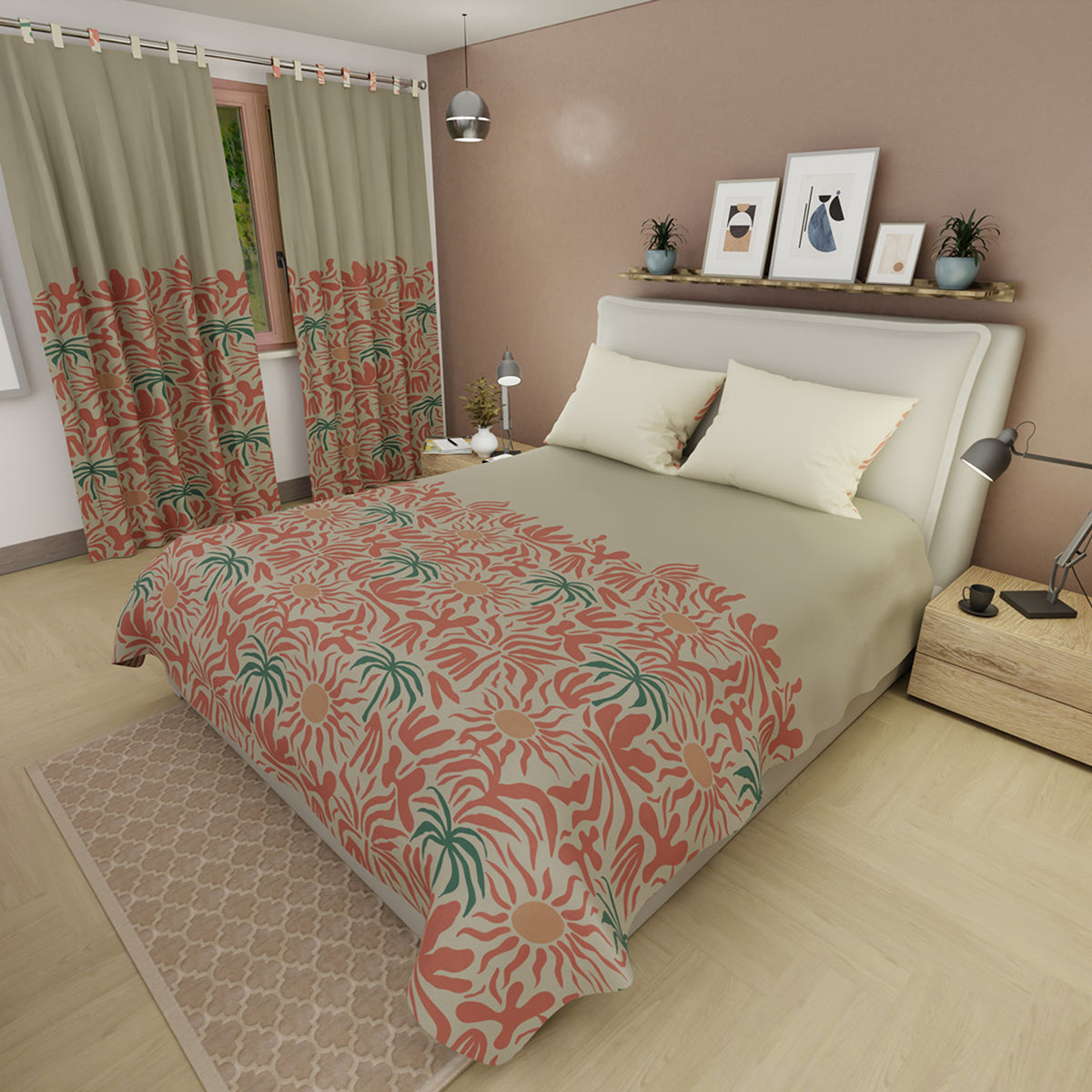 Juego de sábanas Helecho para cama doble beige en microfibra con cortina 140x190 cm