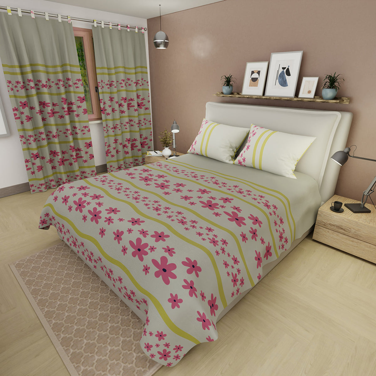 Juego de sábanas Citron Sunny para cama doble beige en microfibra con cortina