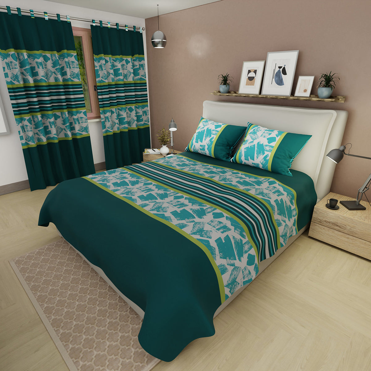 Juego de sábanas Ash & Cobalt para cama doble verde con cortina en microfibra 140x190 cm