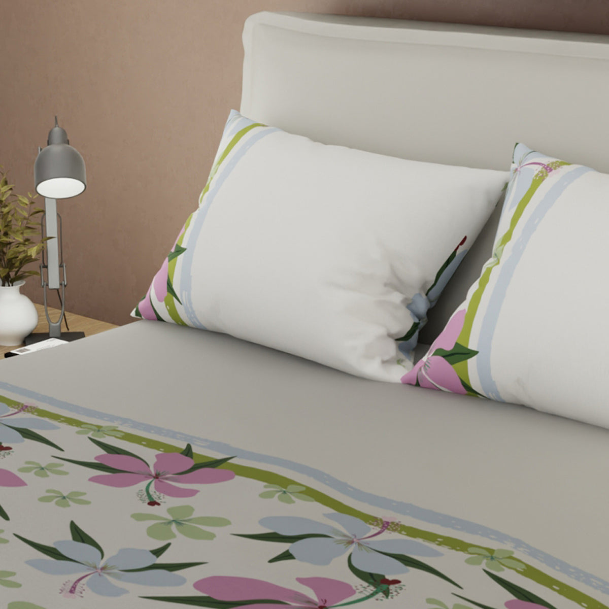 Juego de sábanas Follaje queen gris y rosado en microfibra 160x190 cm
