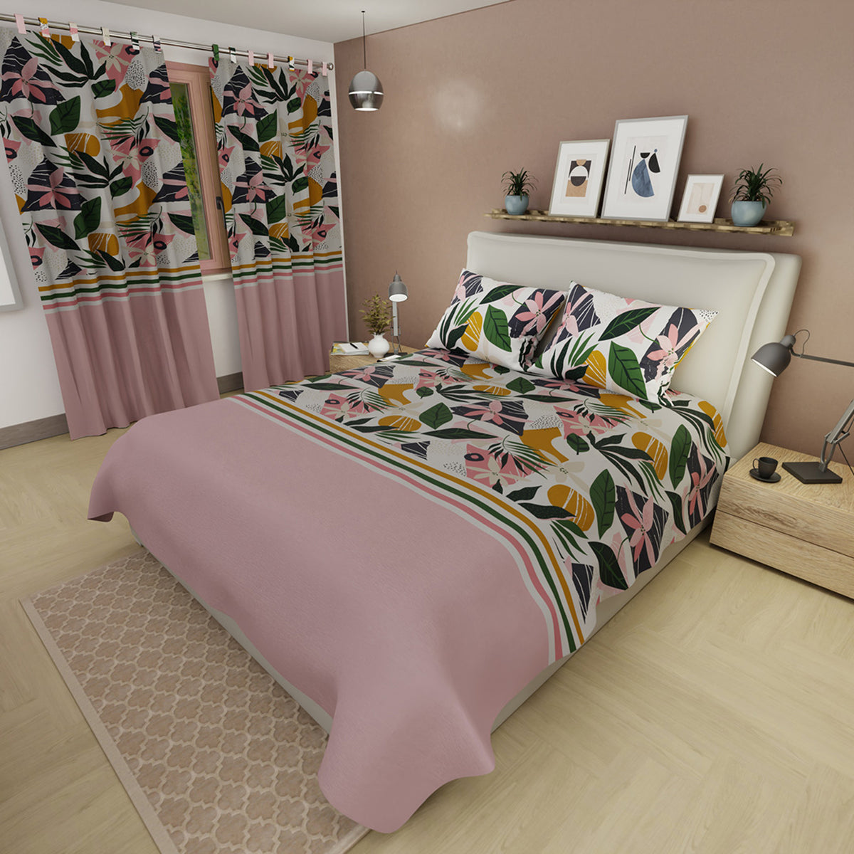 Juego de sábanas Jungla queen beige claro en microfibra 160x190 cm