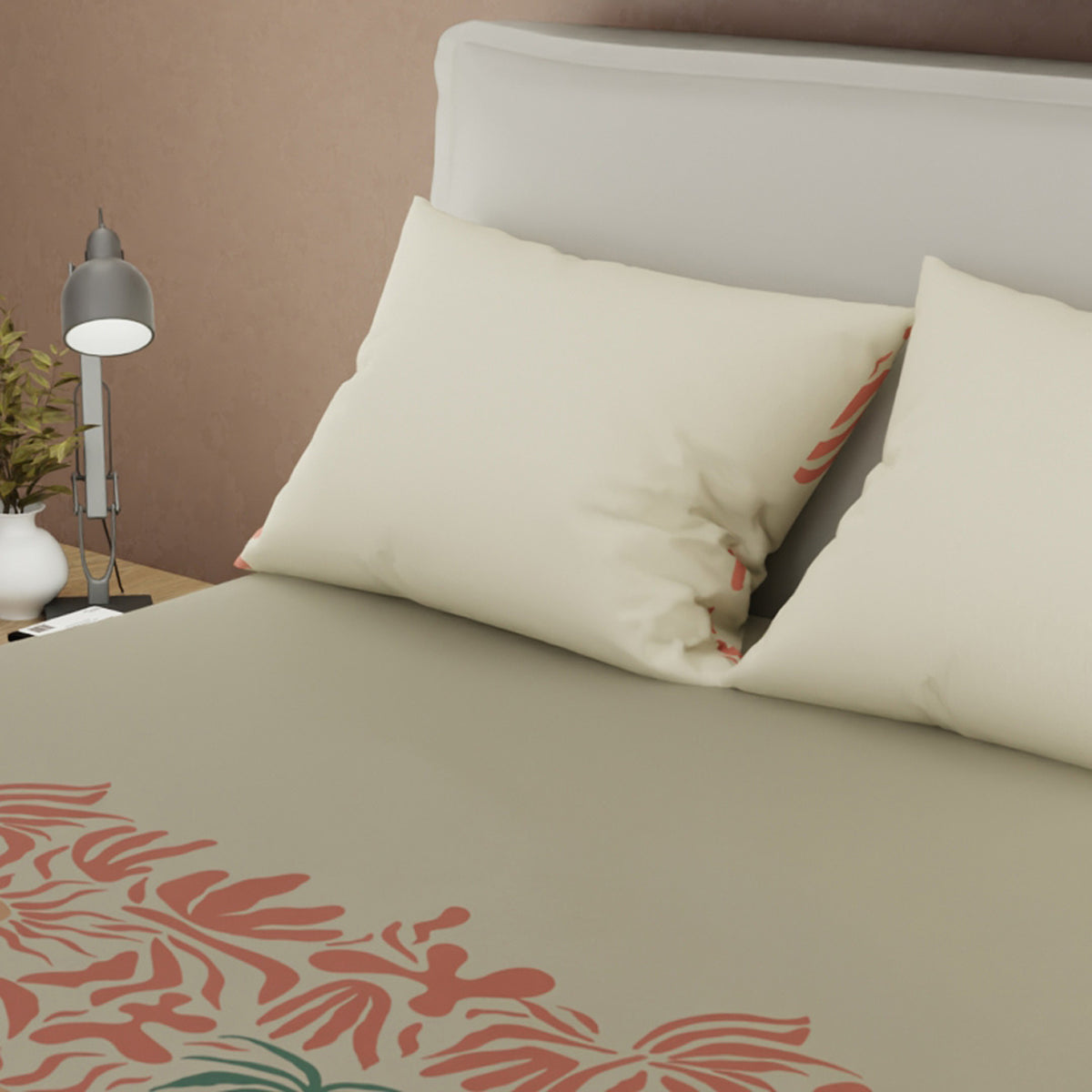 Juego de sábanas Helecho Topacio king beige y coral en microfibra 200x200 cm