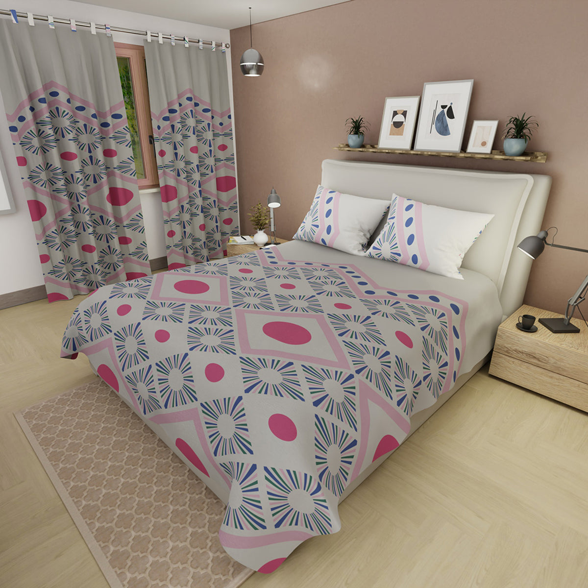 Juego de sábanas Boho Clay king gris y rosa en microfibra 200x200 cm