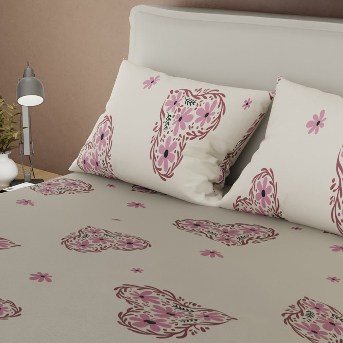 Juego de sábanas Corazón de Borgoña para cama doble crema y burdeos 140x190 cm microfibra