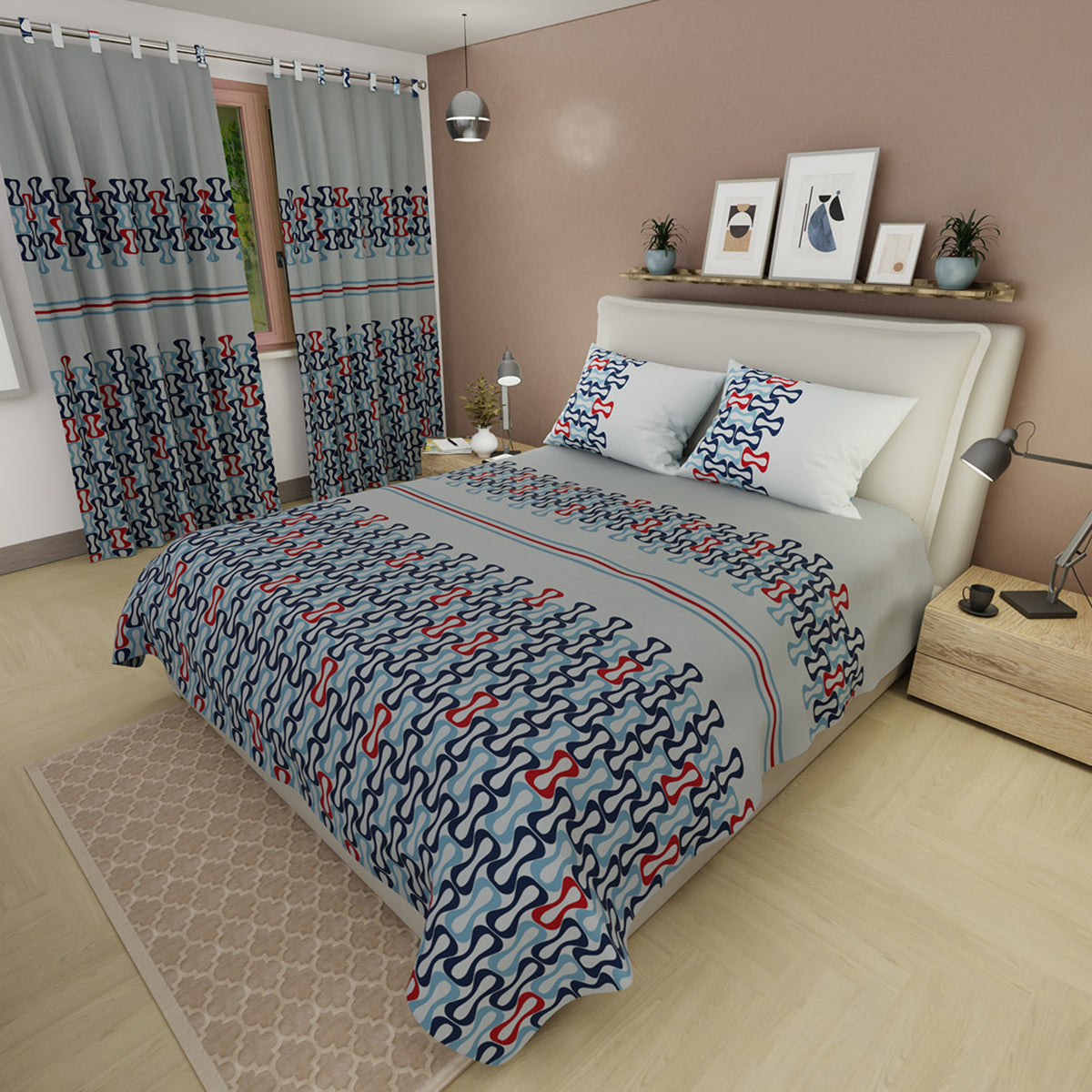 Juego de sábanas Red Retro para cama doble gris y azul en microfibra 140x190 cm