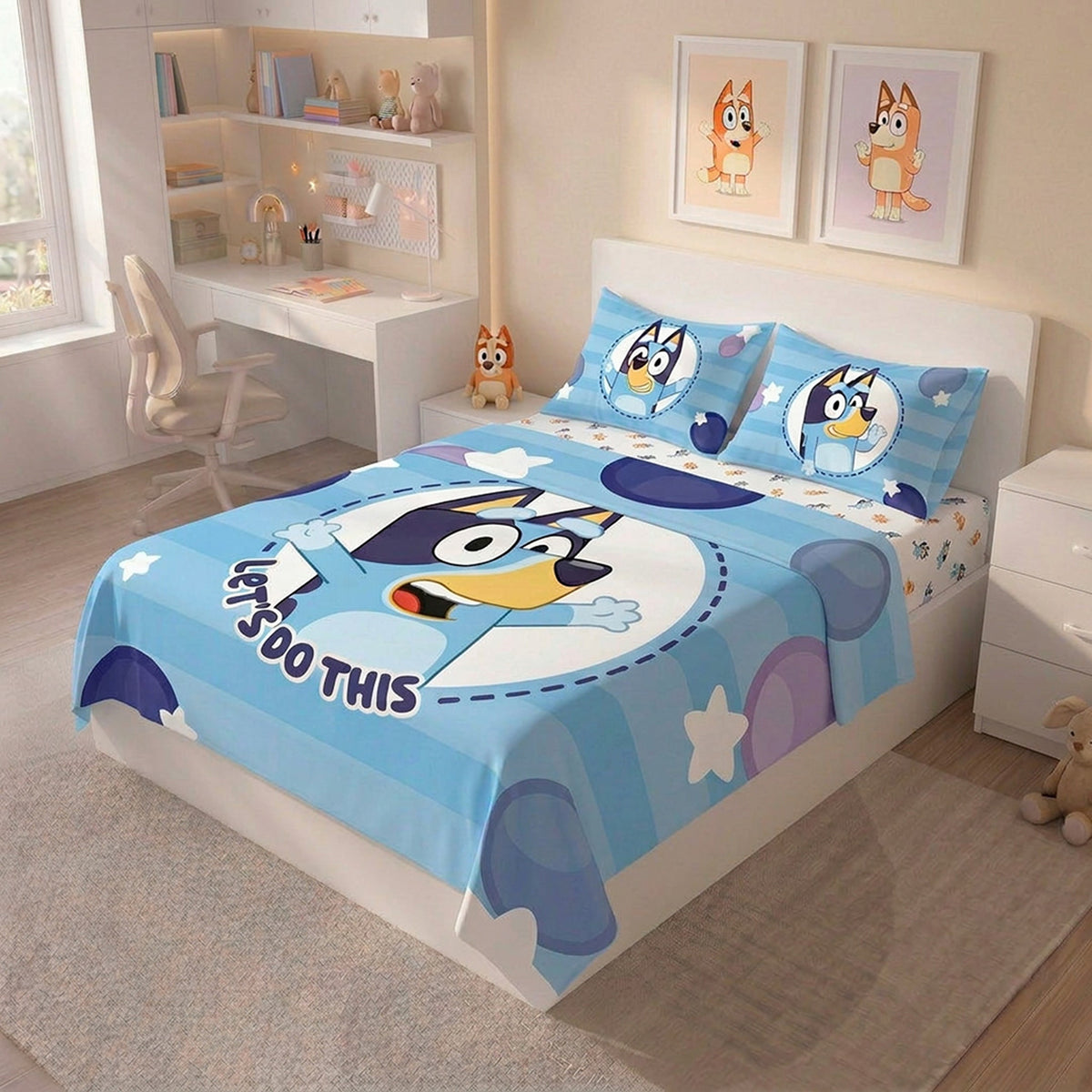Juego de sábanas Bluey azul semidoble 120x190 cm en microfibra suavizada