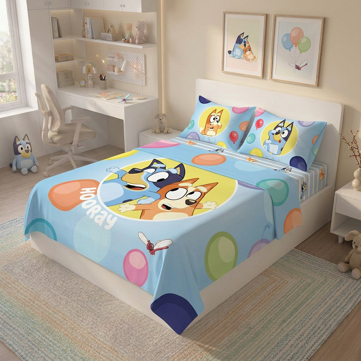 Juego de sábanas infantil azul Bluey y Bingo sencillo 100x190 cm microfibra