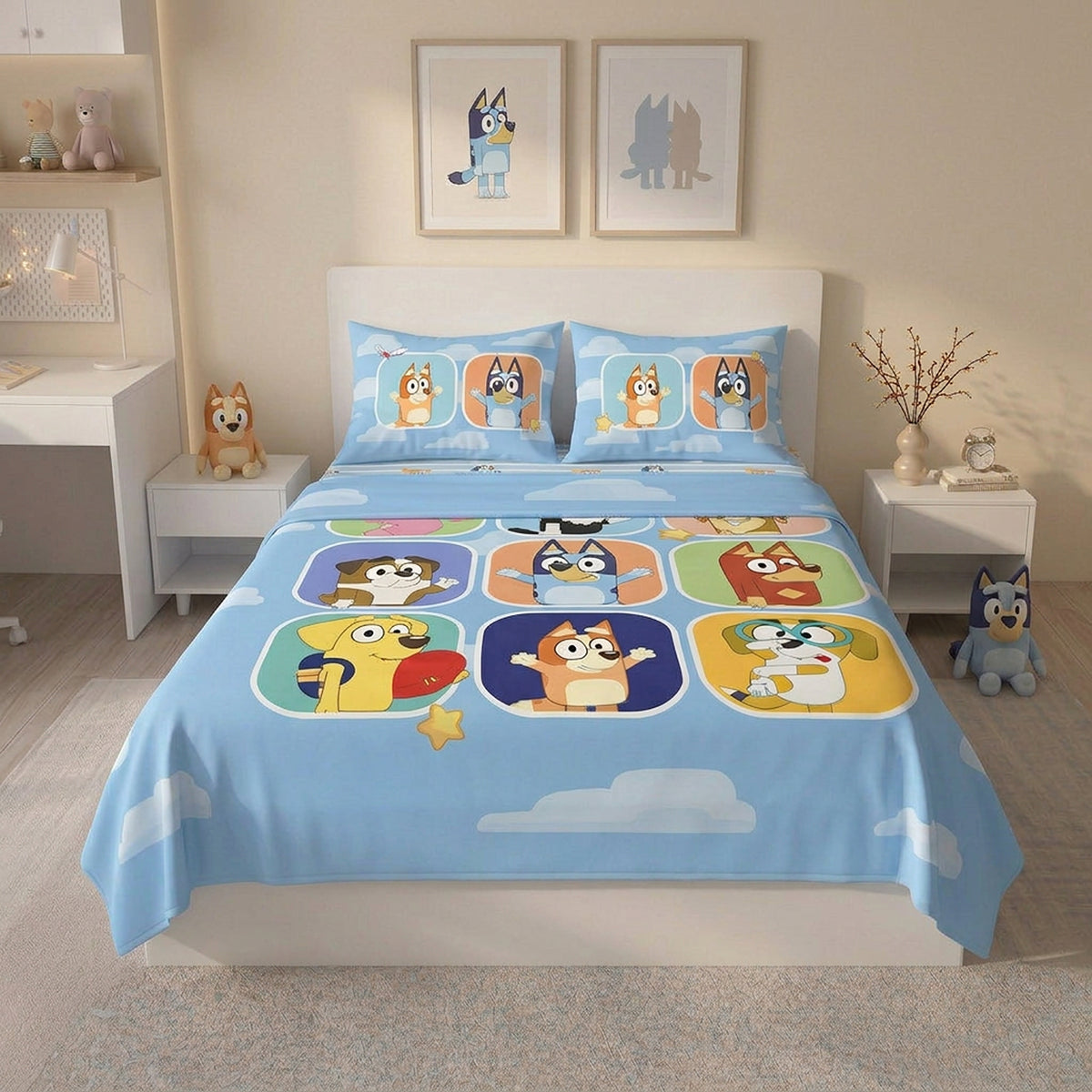 Juego de sábanas azul Bluey y Amigos para cama doble 140x190 cm en microfibra suavizada