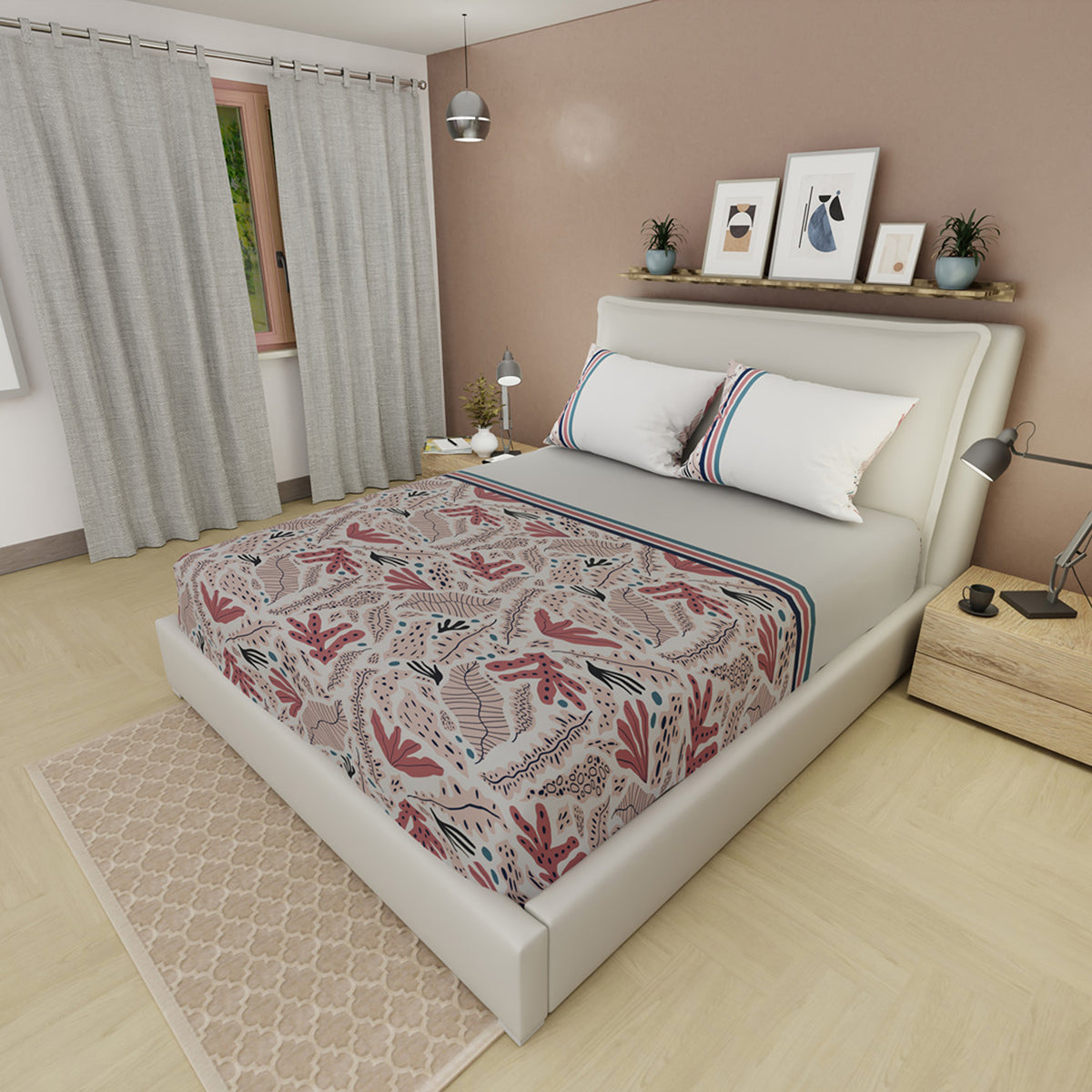 Sábana ajustable Romantic Due para cama doble gris y palo de rosa en microfibra 140x190 cm