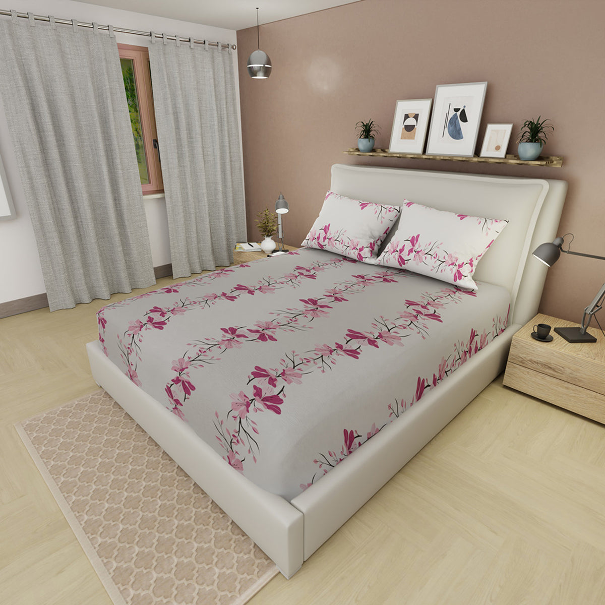Sábana ajustable Pure Garden para cama doble gris estampada en microfibra 140x190 cm