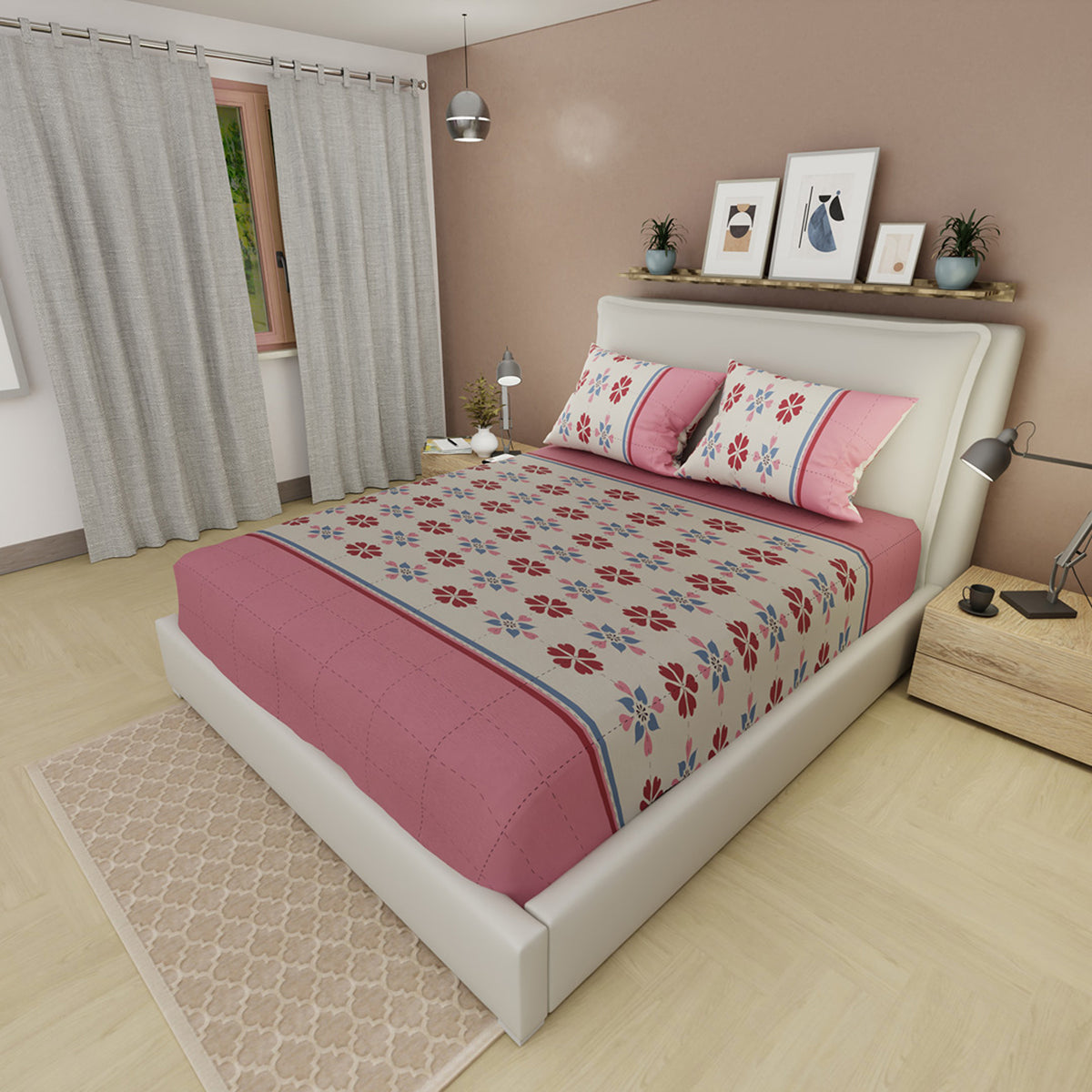 Sábana ajustable Aire Fresco queen beige claro floral en microfibra 160x190 cm