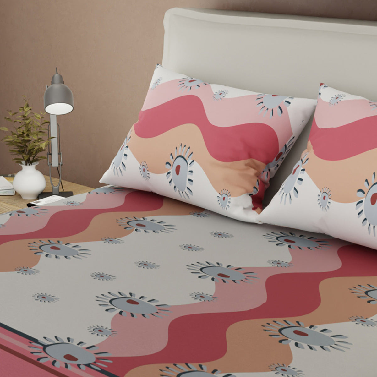 Sábana ajustable Onda Retro para cama doble coral y gris en microfibra 140x190 cm con elástico