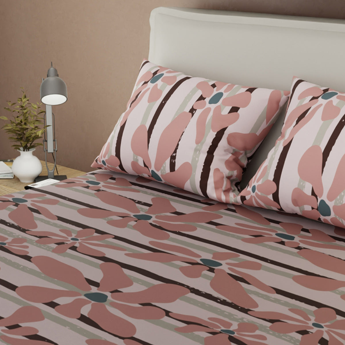 Sábana ajustable Coral Bloom para cama doble lila en microfibra 140x190 cm