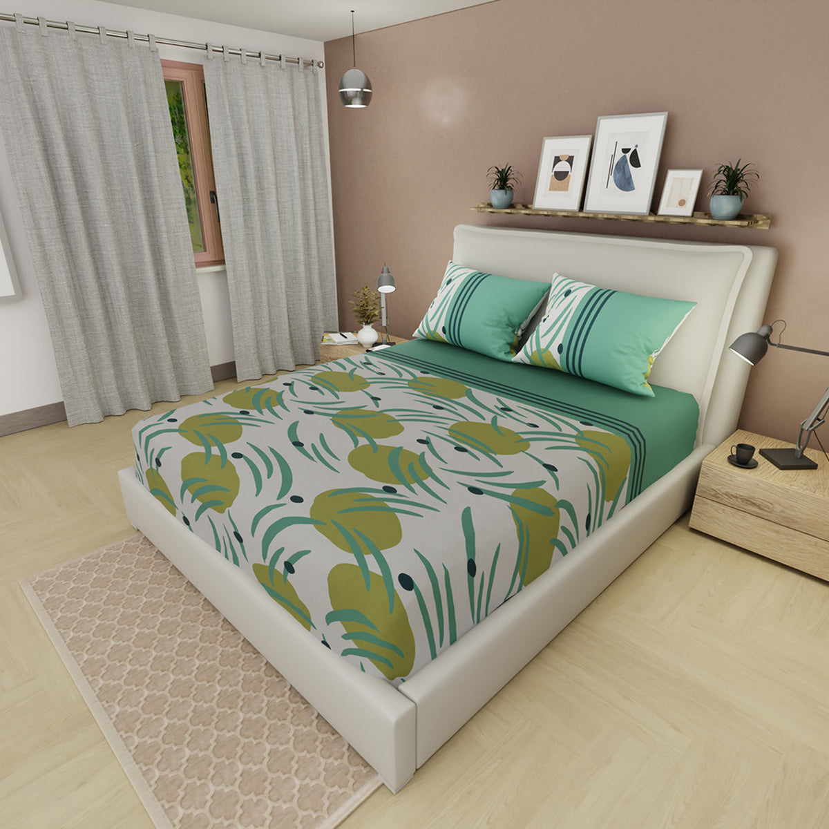 Sábana ajustable Navy Bloom para cama doble verde jade en microfibra 140x190 cm