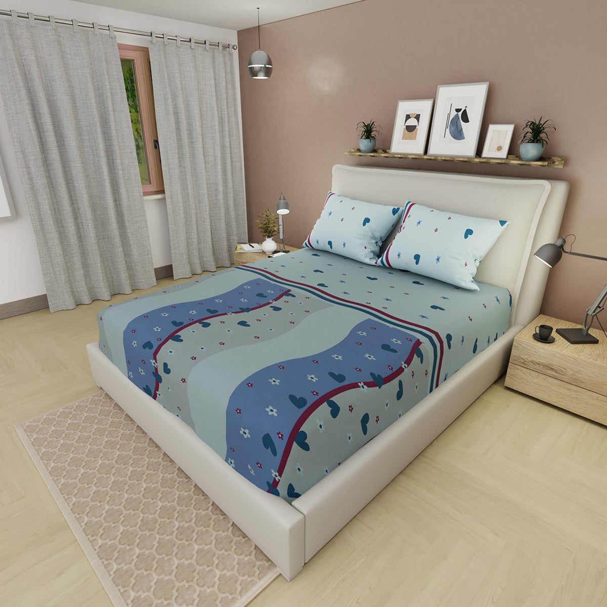 Sábana ajustable Marea Romántica para cama doble azul grisáceo en microfibra 140x190 cm