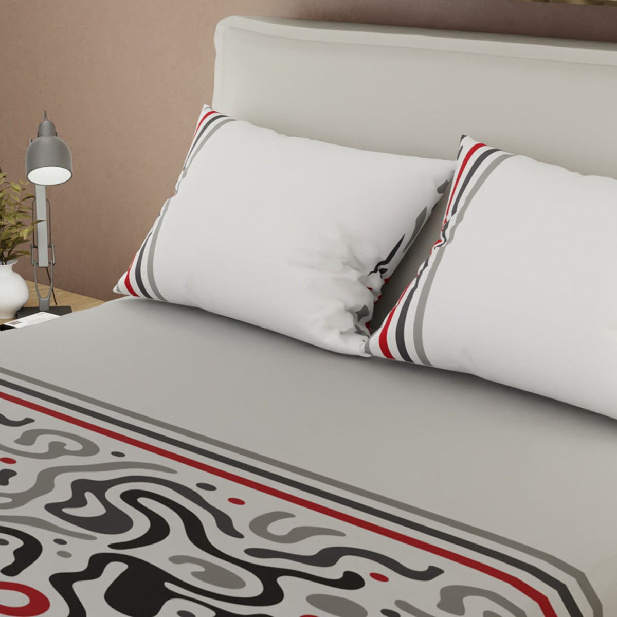 Sábana ajustable Tinta Escarlata para cama doble gris y roja en microfibra 140x190 cm con fundas