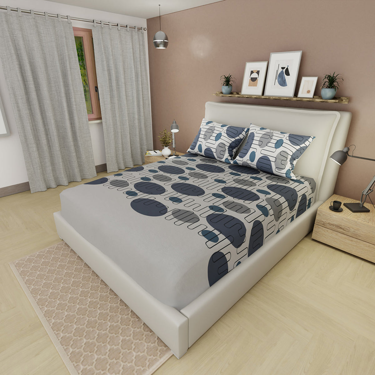 Sábana ajustable Trazo Memphis para cama doble gris en microfibra 140x190 cm