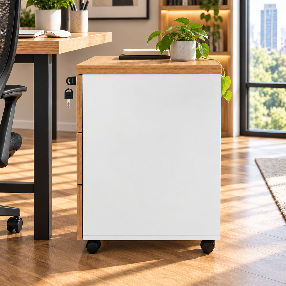 Archivador de oficina castaño y blanco 3 cajones con ruedas 40x60 cm